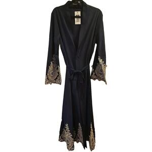 Abaya Gold Lace Embroidery Navy Blue Open Dress With Sash By Abetteric